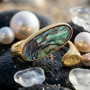 Genuine Abalone Shell 18K Gold Plated Sterling Silver Adjustable Boho Chic Ring